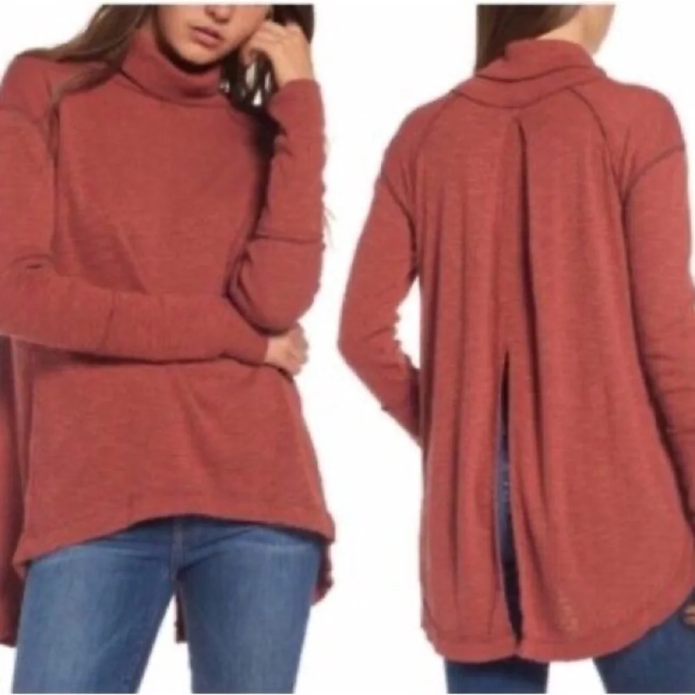We The Free People Burnt Orange Split Back Turtleneck Knit Top High Low Hem XS